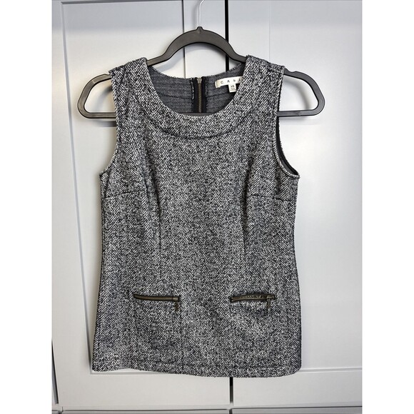 CAbi CeCe Top XS Shell Dark Gray Herringbone Tweed Zip Pocket Sleeveless Knit - Picture 1 of 8